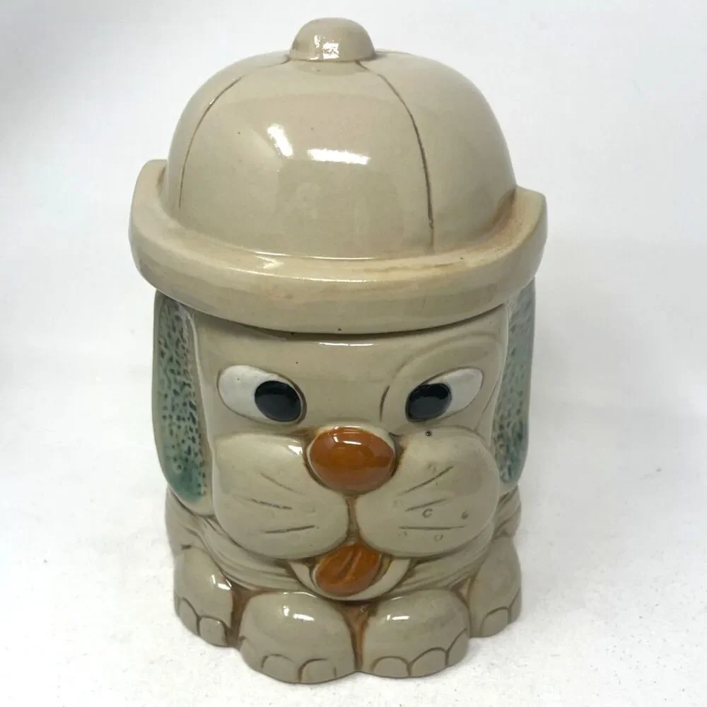 Mount Clemens Art Pottery Dog with Hat Lid Cookie Treats Jar Ceramic 8.5” Boxed